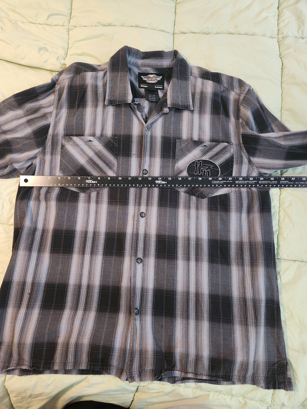 Harley-Davidson Black and Gray Plaid Short Sleeve Button-Up Shirt